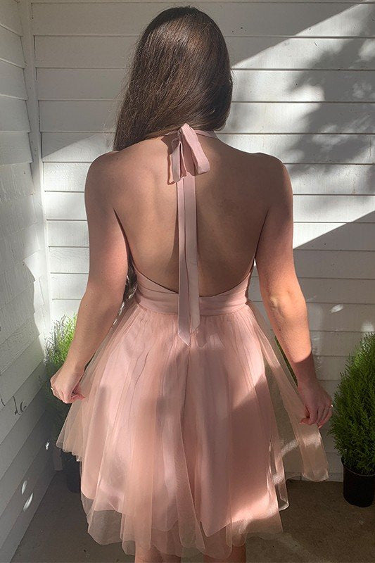 Vestido de fiesta de bienvenida de tul color rubor, corte en A, escote en V profundo