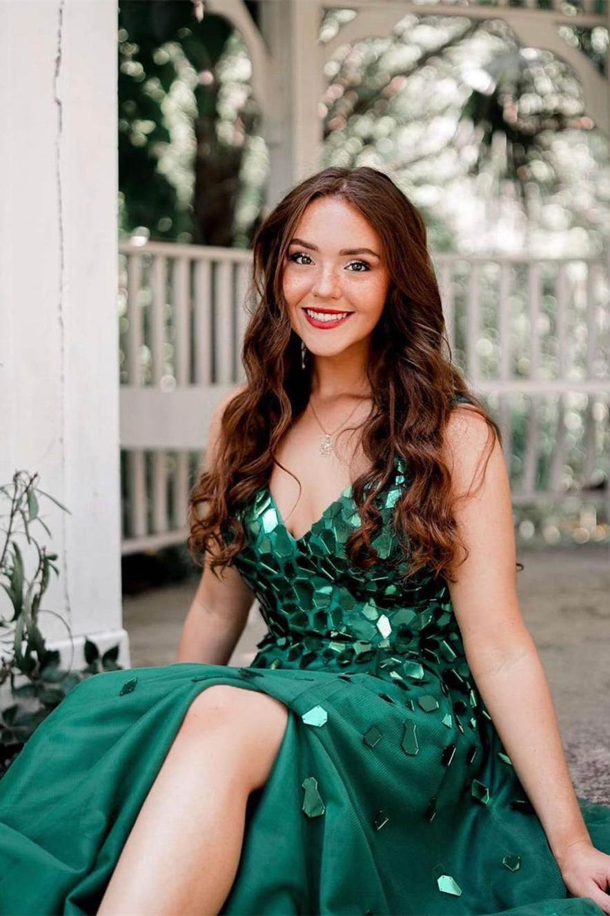 Vestido largo de fiesta verde con lentejuelas, escote en V y corte en A
