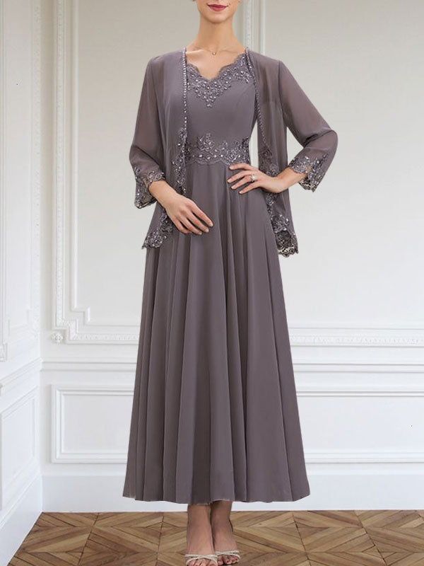Vestido de corte A, escote en V, largo hasta el tobillo, de gasa, para la madre de la novia, con apliques de lentejuelas, encaje y pedrería.