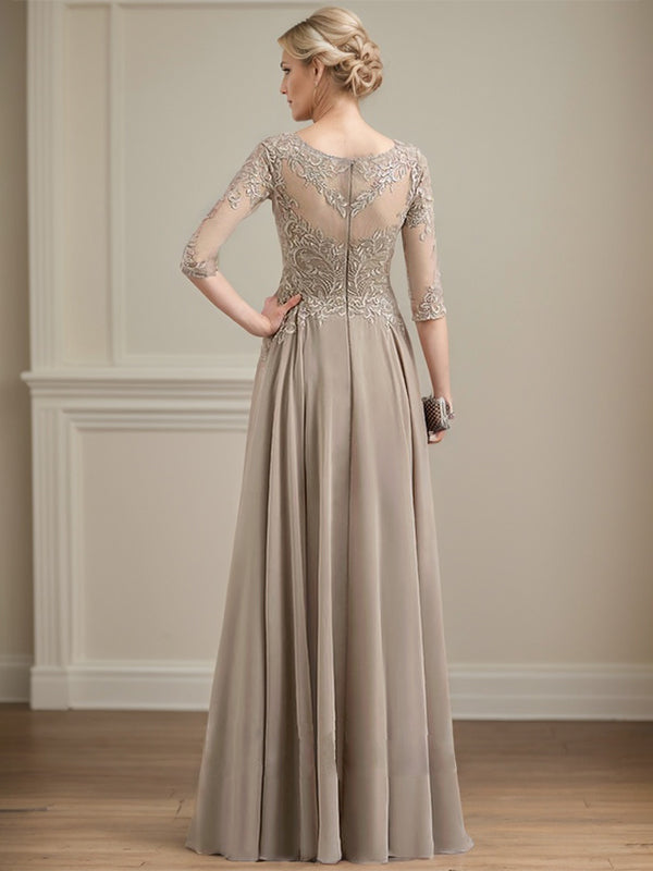 Robe de mère de la mariée en mousseline de dentelle, coupe trapèze, décolleté illusion, longueur au sol, ornée de sequins 