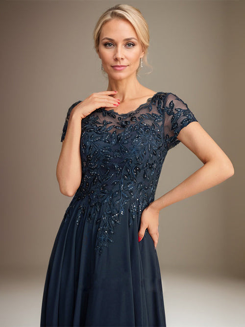 Vestido de corte A, escote redondo, largo hasta el suelo, de gasa, para la madre de la novia, con apliques y lentejuelas. 