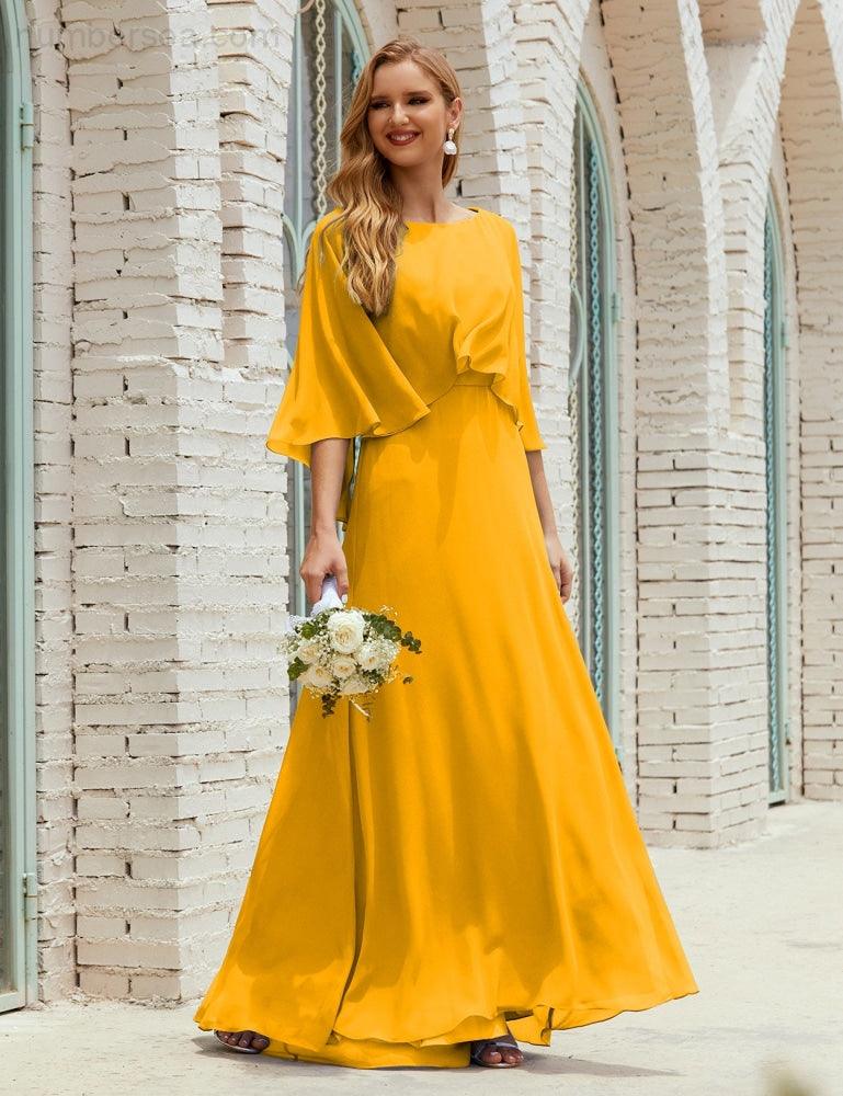 Vestido de dama de honor Sunderly para mujer, manga larga, cuello en V, de gasa, vestido formal de fiesta de boda SY28018