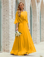 Vestido de dama de honor Sunderly para mujer, manga larga, cuello en V, de gasa, vestido formal de fiesta de boda SY28018