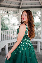 Vestido largo de fiesta verde con lentejuelas, escote en V y corte en A