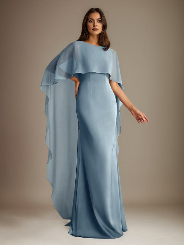 Vestido de gasa de corte recto/columna, escote barco y largo hasta el suelo, para la madre de la novia, con volantes en cascada. 