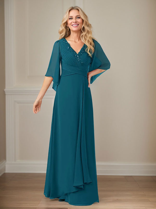 Vestido de mamá largo de gasa con lentejuelas, escote en V y corte en A