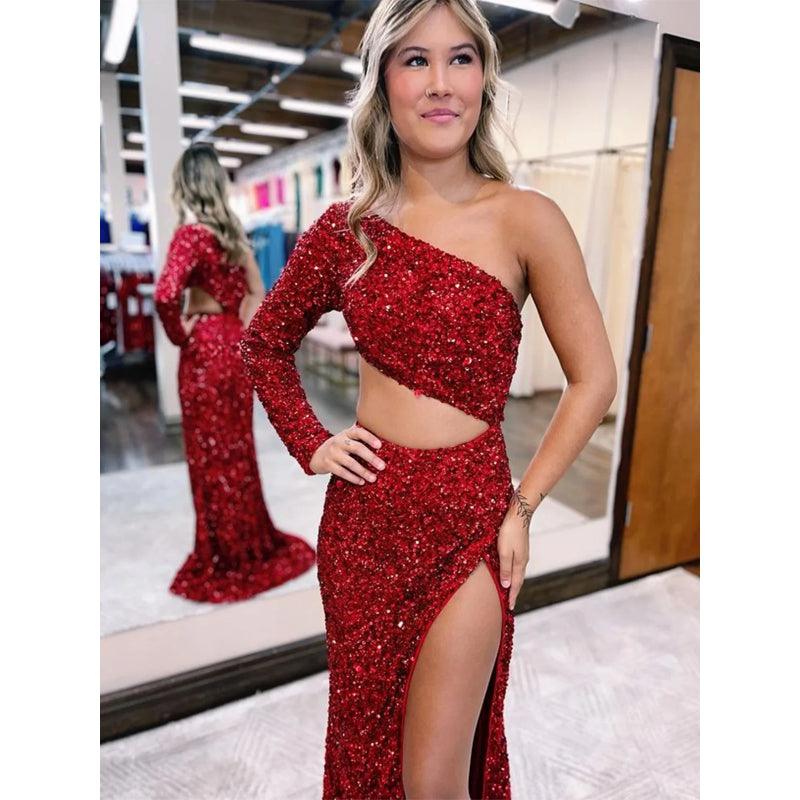 Vestido de noche sexy ajustado con un solo hombro y perlas