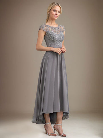 A-line Scoop Illusion Asymmetrical Lace Chiffon Mother of the Bride Dress With Pleated