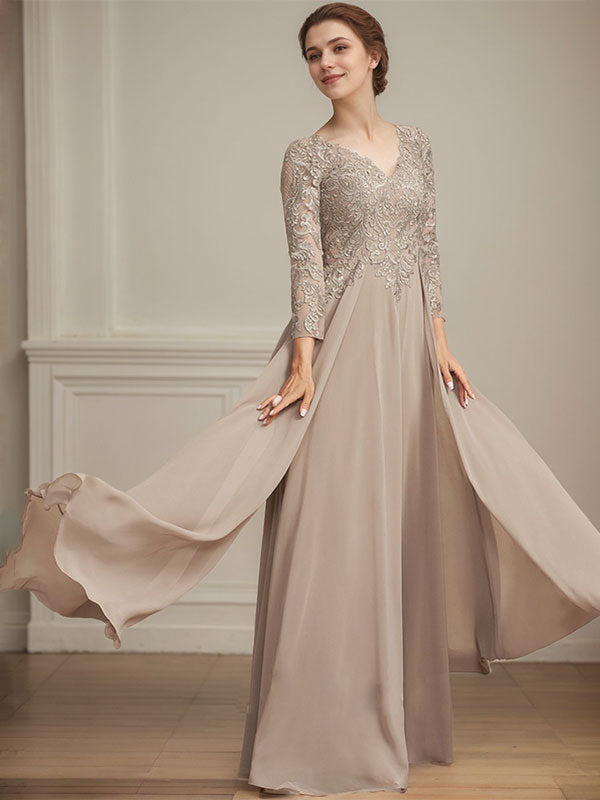 Vestido de novia de corte A, escote en V, largo hasta el suelo, de gasa de encaje con lentejuelas para la madre de la novia 