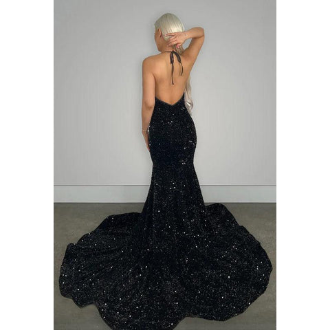 Robe de soirée longue sirène à paillettes, col en V, dos nu, avec traîne