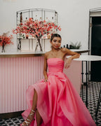 Vestido de fiesta de organza rosa claro, corte en A, sin tirantes