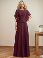 Vestido de novia de corte A, escote redondo, ilusión, largo hasta el suelo, de encaje y gasa con lentejuelas. 