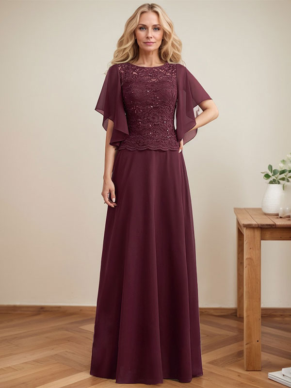 Vestido de novia de corte A, escote redondo, ilusión, largo hasta el suelo, de encaje y gasa con lentejuelas. 