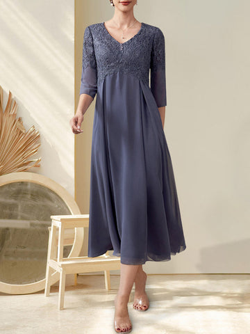 A-line V-Neck Tea-Length Chiffon Lace Mother of the Bride Dress With Beading