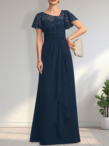A-line Asymmetrical Illusion Floor-Length Lace Chiffon Mother of the Bride Dress With Cascading Ruffles Sequins