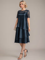 Vestido de corte A, escote redondo, largo hasta la rodilla, para la madre de la novia, con apliques y lentejuelas. 