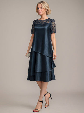 Vestido de corte A, escote redondo, largo hasta la rodilla, para la madre de la novia, con apliques y lentejuelas. 