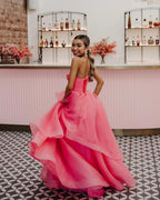 Vestido de fiesta de organza rosa claro, corte en A, sin tirantes