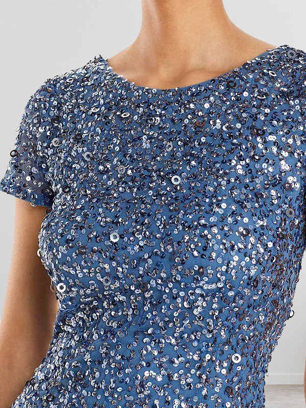 Vestido largo de lentejuelas azul grisáceo para la madre de la novia