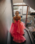 Vestido de fiesta de organza rosa claro, corte en A, sin tirantes