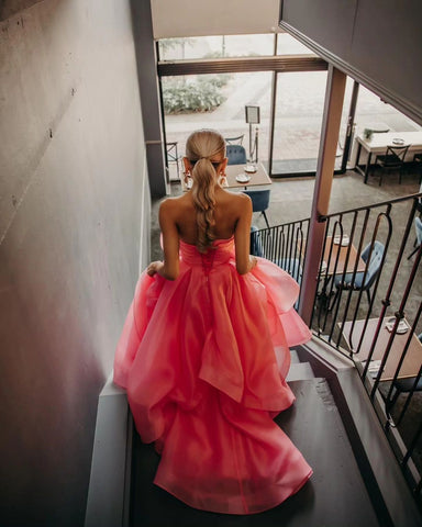 Light Pink A Line Strapless Organza Prom Dress