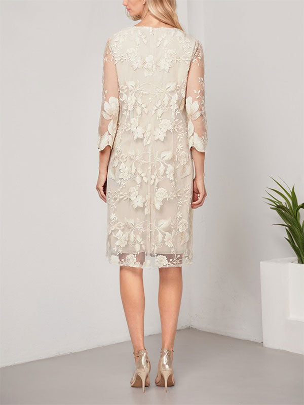 Vestido de corte A, escote redondo, largo hasta la rodilla, de gasa y encaje, para la madre de la novia, con chaqueta. 