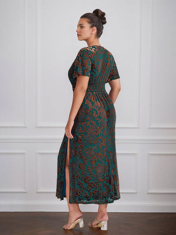 Robe vintage unie en velours, col V, manches courtes, longueur thé, idéale pour la mère de la mariée, avec fente. 