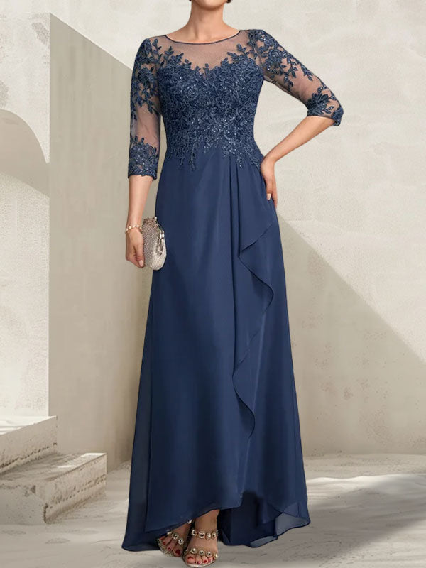 Vestido de madrina de la novia, corte asimétrico, escote ilusión, encaje y gasa, con lentejuelas y volantes en cascada.