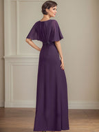 Vestido de corte A, escote en V, largo hasta el suelo, de gasa, para la madre de la novia, con apliques de lentejuelas plisadas y encaje.