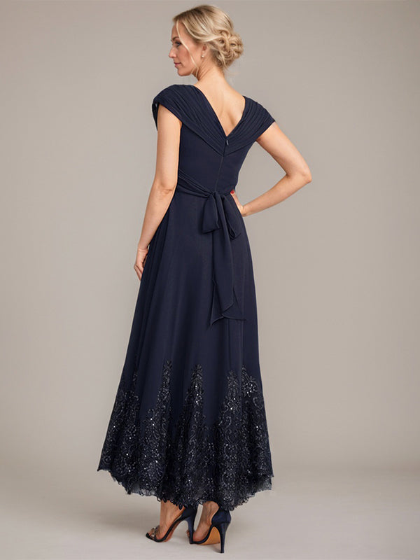 Vestido de gasa de corte evasé, escote en V, largo hasta el tobillo, para la madre de la novia, con apliques de lentejuelas. 