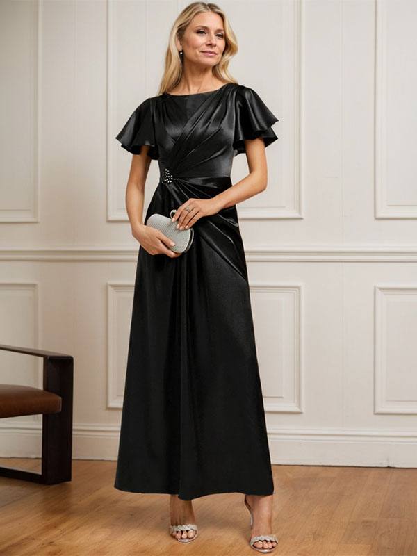 Robe de mère de la mariée en satin stretch, coupe trapèze, longueur cheville, décolleté rond et ornée de perles plissées 