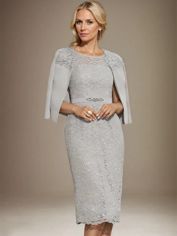 Vestido de novia de gasa con encaje, corte recto y escote redondo hasta la rodilla, con pedrería, para la madre de la novia. 