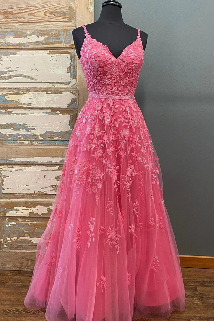 Vestido largo de fiesta de encaje rosa fucsia con escote en V y cuentas, corte en A, vestido de noche formal de graduación de encaje rosa fucsia Y216