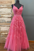 Vestido largo de fiesta de encaje rosa fucsia con escote en V y cuentas, corte en A, vestido de noche formal de graduación de encaje rosa fucsia Y216