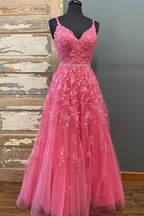 Vestido largo de fiesta de encaje rosa fucsia con escote en V y cuentas, corte en A, vestido de noche formal de graduación de encaje rosa fucsia Y216