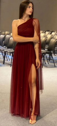 Precioso vestido de noche burdeos de un solo hombro, tul, lentejuelas y abertura, estilo baile de graduación Y7826