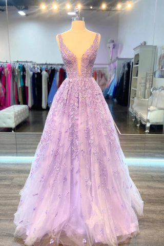 Robe de bal longue violette en dentelle à col V, robe de soirée lilas en dentelle, robe de soirée violette Y200