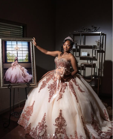 Robe de bal princesse rose doré à décolleté cœur bouffant, robe de 16 ans ornée d'appliqués de perles, robe de quinceañera Y827