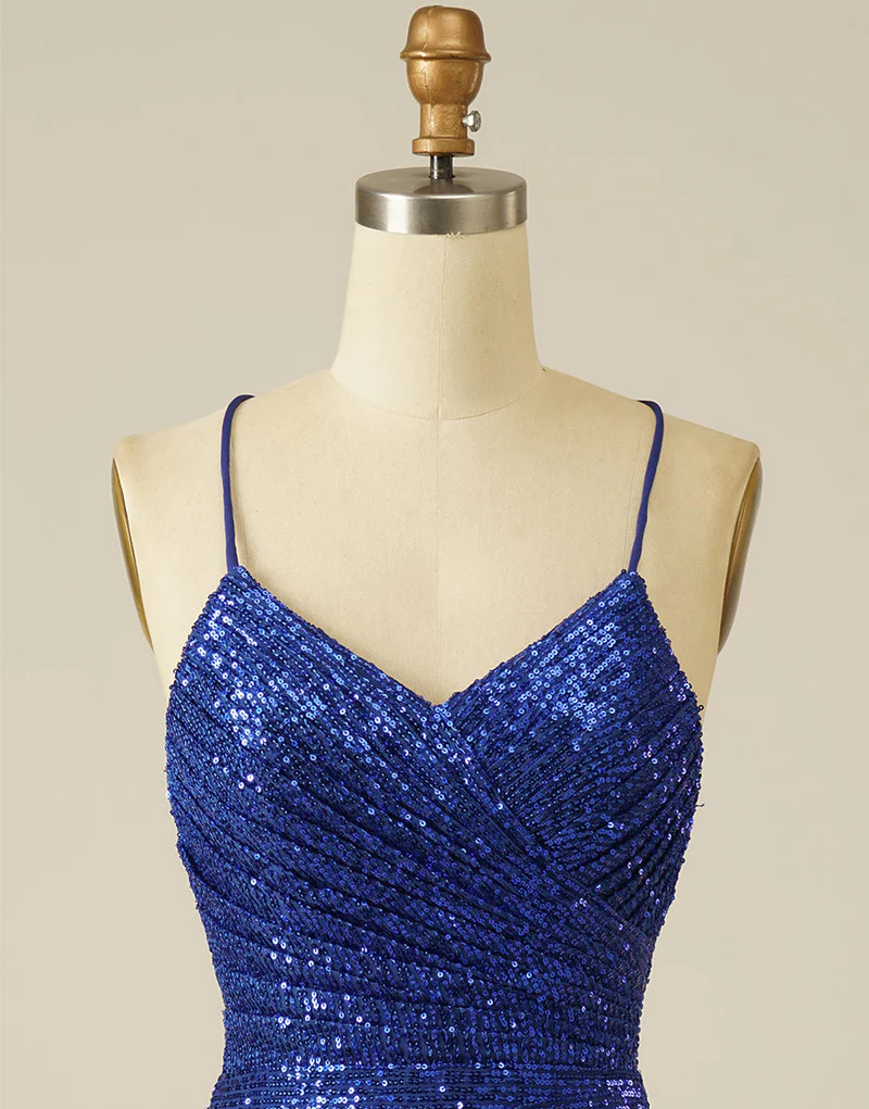 Vestido de fiesta azul real con lentejuelas y cordones Y2844