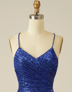 Vestido de fiesta azul real con lentejuelas y cordones Y2844