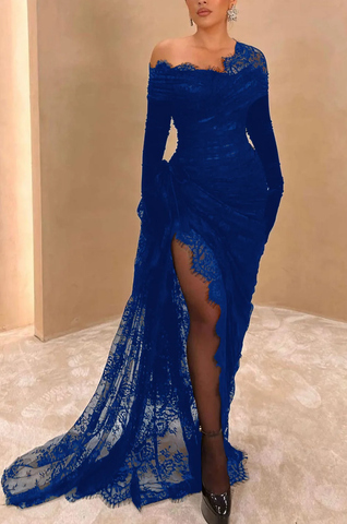 Elegante vestido de fiesta largo de encaje negro asimétrico con abertura alta Y7984