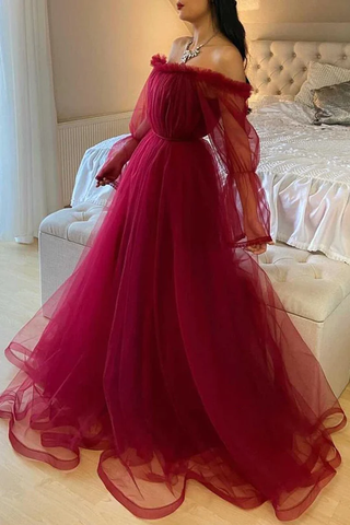 Robe de soirée bordeaux en tulle à manches longues Y503