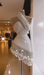 Robe de cocktail blanche asymétrique à franges, mini-robe de bal de promo au-dessus du genou Y874
