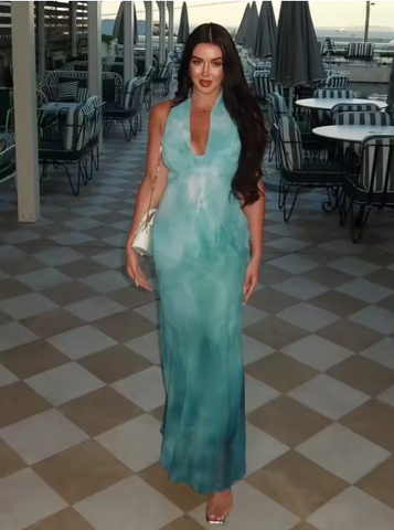 Elegant Blue Chiffon Backless Printed Long Prom Dress Evening Gown Y8478