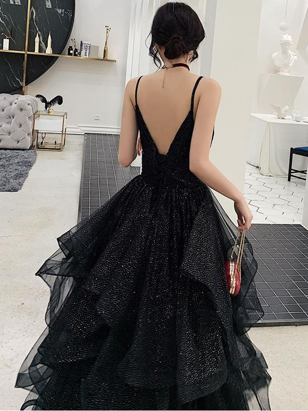 Vestidos de fiesta negros brillantes con escote en V, vestido de noche formal negro sin espalda con escote en V Y1148