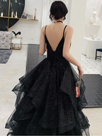 Vestidos de fiesta negros brillantes con escote en V, vestido de noche formal negro sin espalda con escote en V Y1148