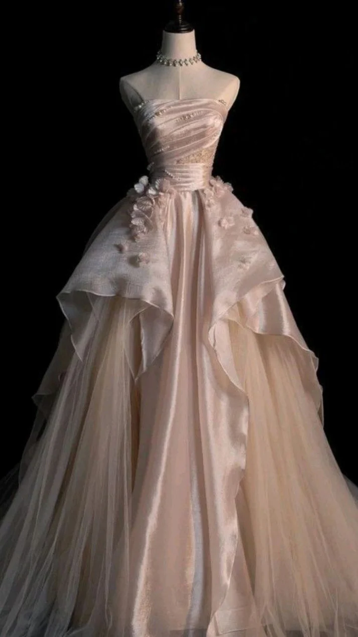 Vestido de noche de tul rosa sin tirantes, corte en A, estilo glamuroso Y6761