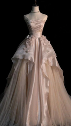 Vestido de noche de tul rosa sin tirantes, corte en A, estilo glamuroso Y6761