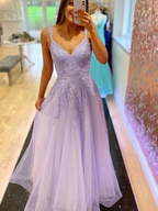 Vestidos largos de fiesta de encaje con escote en V y corte en A, vestidos formales de encaje, vestidos de noche color lavanda Y1802