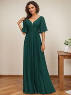 Vestido de corte A, escote en V, largo hasta el suelo, de gasa, para la madre de la novia, con apliques de lentejuelas y encaje plisado. 